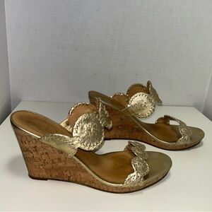 Jack Rogers Luccia Gold Tone Leather Cork Wedge Heel Slide Sandal